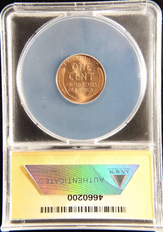 lot 22 image: 1956 US WHEAT CENT RARE BIE VARIETY MS65 RED ANACS