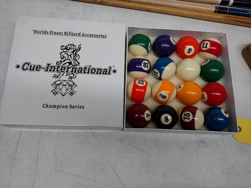 lot 450 image: Asstd Pool Cues, Triangle, & Balls...