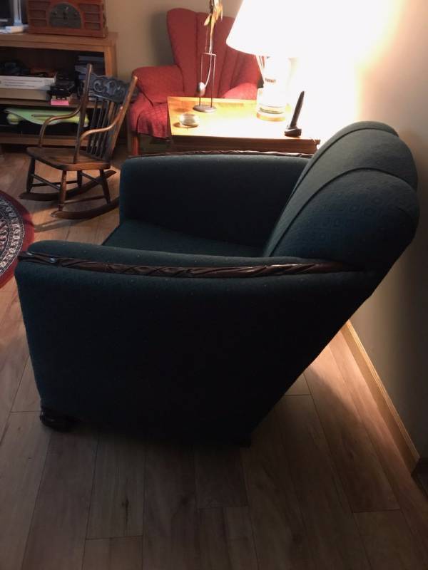 Vintage Over stuffed Easy Chair with wood trim