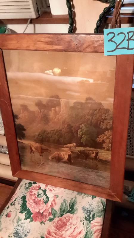 Old print, scene with cattle grazing near castle ruins.