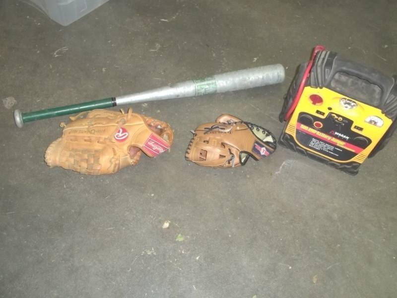 lot 117 image: 2 Baseball Gloves Aluminum Bat and Battery Jumper
