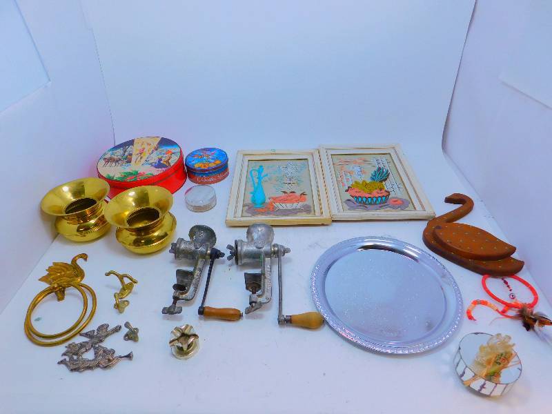 lot 60 image: Lot of Various Vintage Items - Meat Grinder, Brass Bowls, Etc...