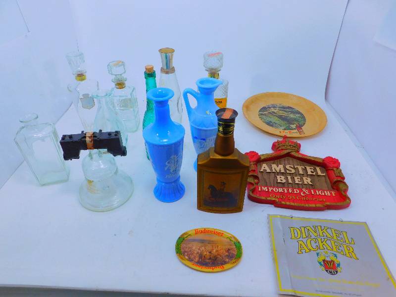 lot 68 image: Lot of Vintage Decanters and Beer Signs