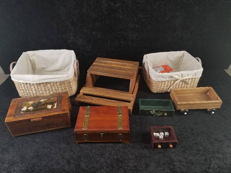 lot 81 image: Lot - Wood Folding ChairStep, Wood Boxes, Baskets, Games, etc