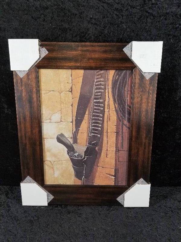 lot 10 image: Framed Revolver in Holster Picture, 22x18