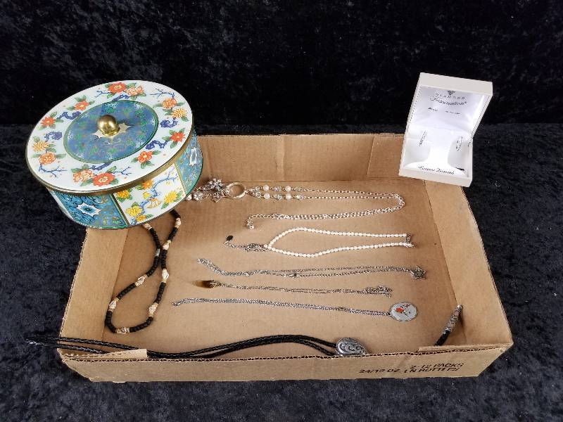 lot 29 image: Lot - Misc Jewelry, Diamond Earrings, Tin Made in England