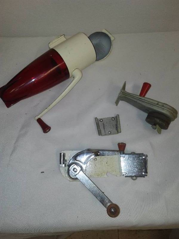 lot 49 image: Vintage 3 piece ice crusher, knife sharpener, can opener