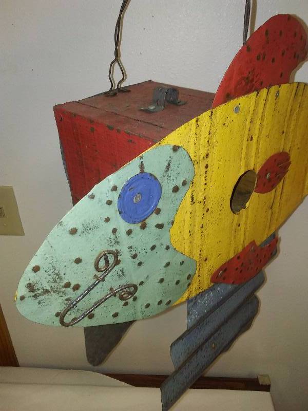lot 63 image: Whimsical Fish Shaped Birdhouse, Folk art, Wood and Metal. Lakeside Cool.