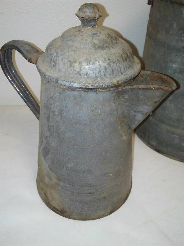 lot 101 image: Enamelware coffee pot and gas can