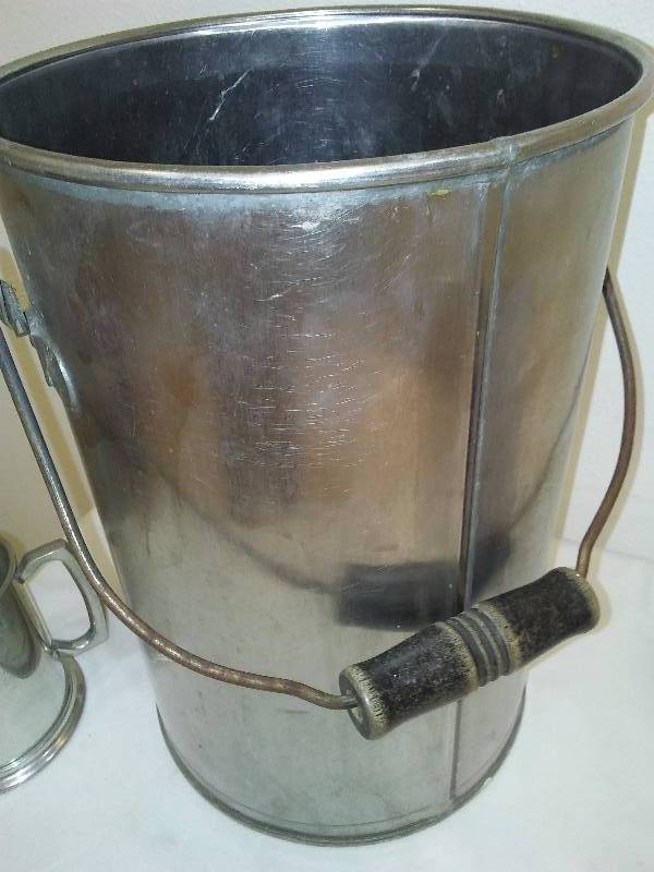 lot 110 image: Stainless Steel bucket with handle, Ceramic Water can and Pewter Mug