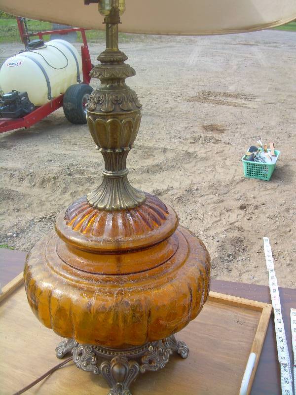 ANTIQUE AMBER AND GLASS LAMP