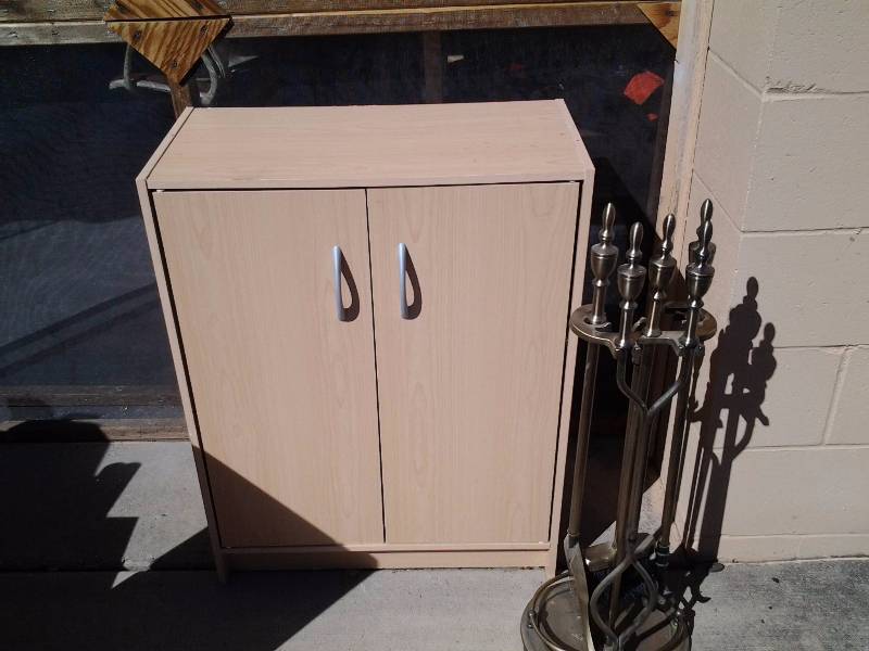 lot 28 image: 2-Door Media Storage Cabinet, Set Of Fireplace Tools