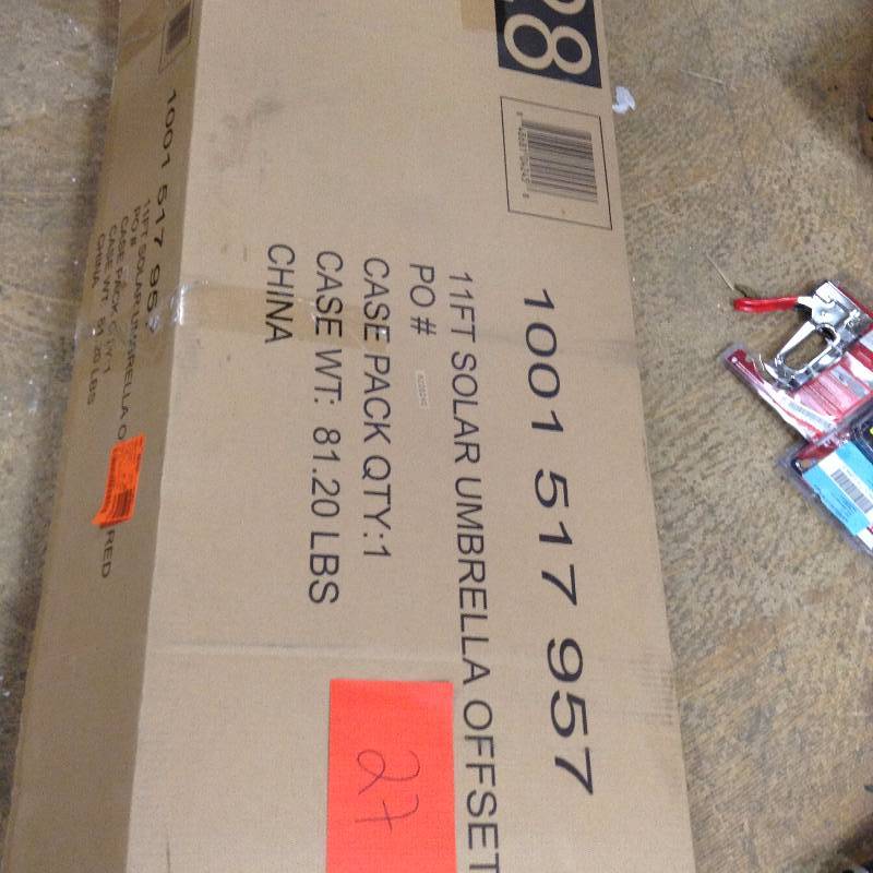 lot 27 image: Hampton Bay 11 FT LED Round Offset Patio Umbrella in Red Model # YJAF052 open box never used
