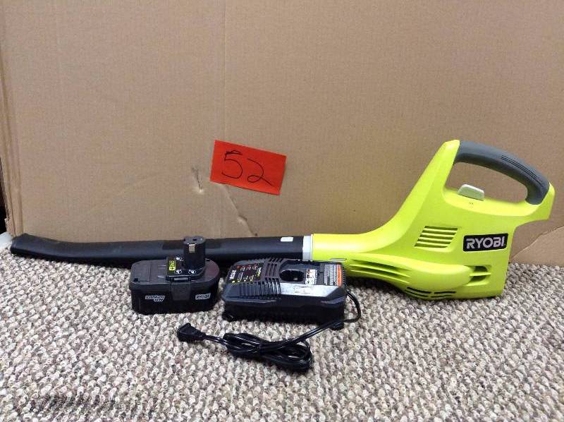 lot 52 image: Ryobi ONE 120 MPH 120 CFM 18-Volt Lithium-Ion Cordless Leaf BlowerSweeper-1.3 Ah Battery and Charger Included