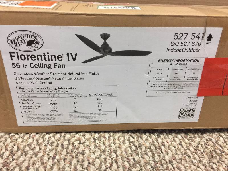 lot 103 image: Hampton Bay Florentine IV 56 in Ceiling Fan Not used