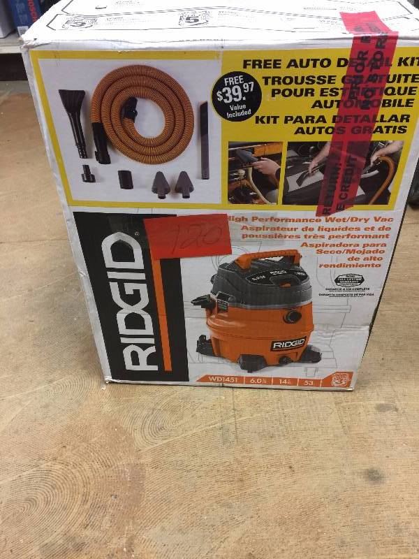 lot 120 image: Ridgid 14 gal. 6.0-Peak HP Wet Dry Vac in like new condition