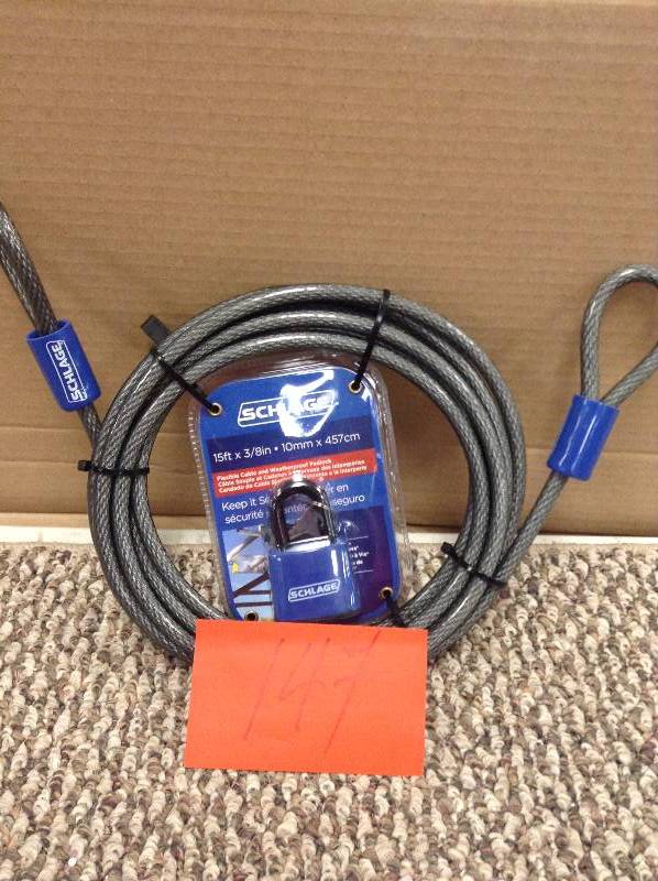lot 147 image: Schlage 994862 Flexible Cable with All Weather Padlock 15 Foot by 375 Inch Cable with 40mm Padlock
