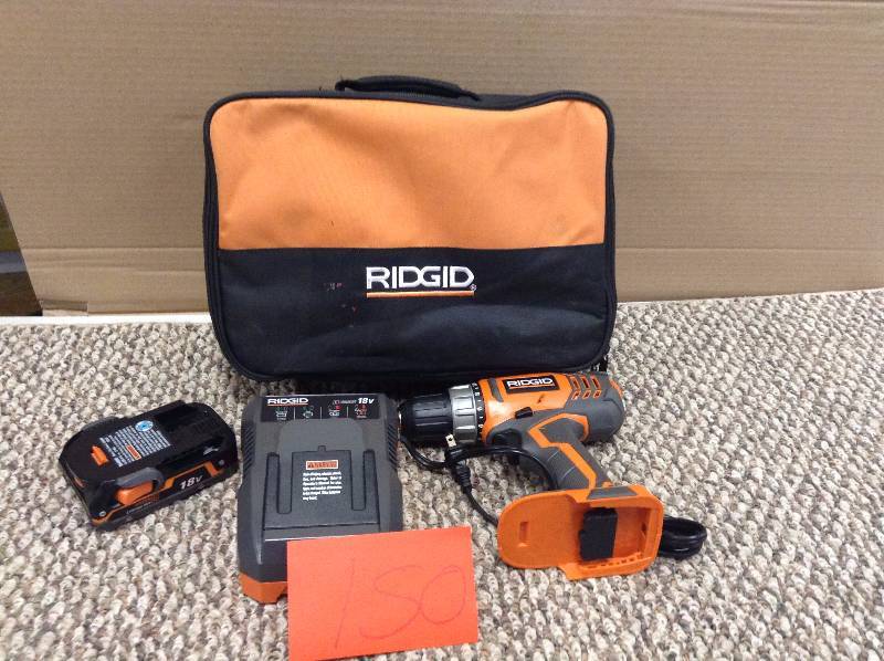 lot 150 image: RIDGID R860052 18-Volt Lithium-Ion 12-Inch Cordless Compact Driver Drill battery (1) and charger included in very good condition