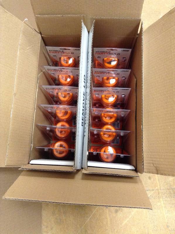 lot 1 image: Case of 12 60-Watt Equivalent Orange Spiral CFL Light Bulb