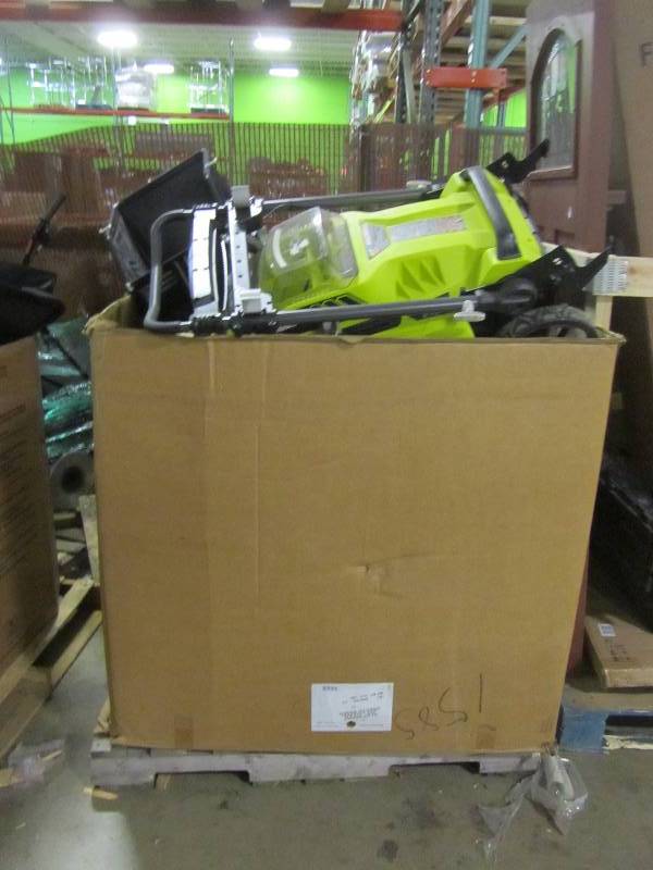 Pallet of Ryobi battery powered lawn mowers.