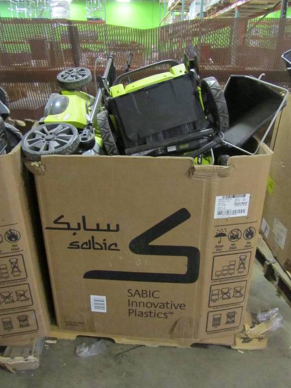 Pallet of Ryobi battery powered lawn mowers