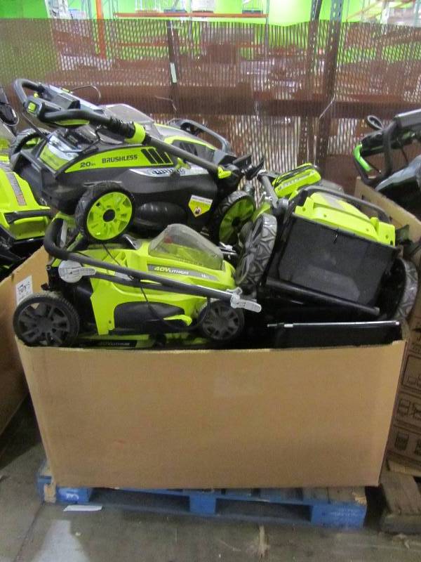 Pallet of Ryobi battery powered lawn mowers