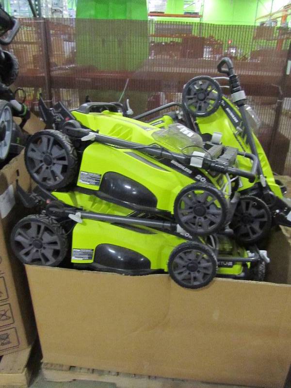 Pallet of Ryobi battery powered lawn mowers