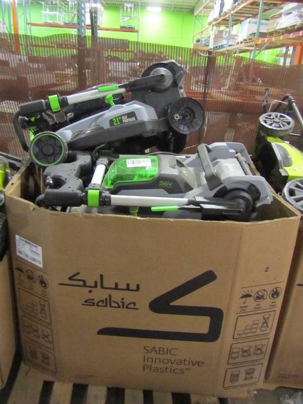 Pallet of EGO battery powered lawn mowers