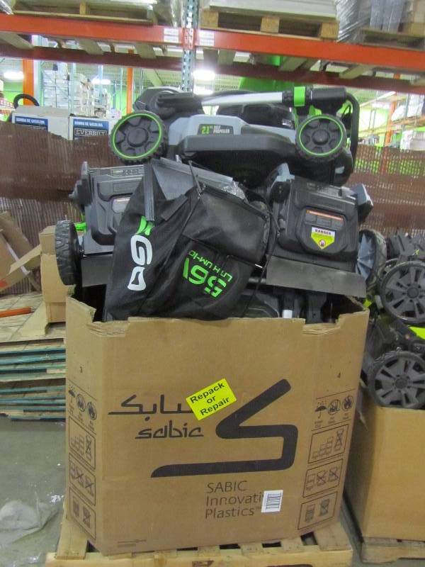 Pallet of EGO battery powered lawn mowers