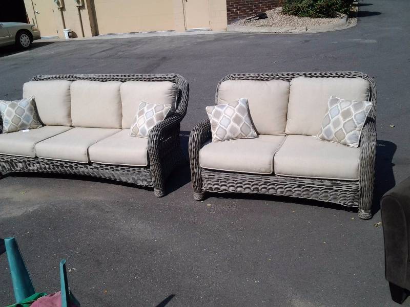 lot 5 image: Wicker (Made For Outdoors-Plastic) Couch & Love Seat Set By Sunbrella