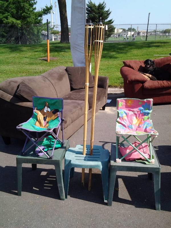 lot 7 image: 2-Kids Chairs, 3-Plastic Tables, 2-Tiki Torches