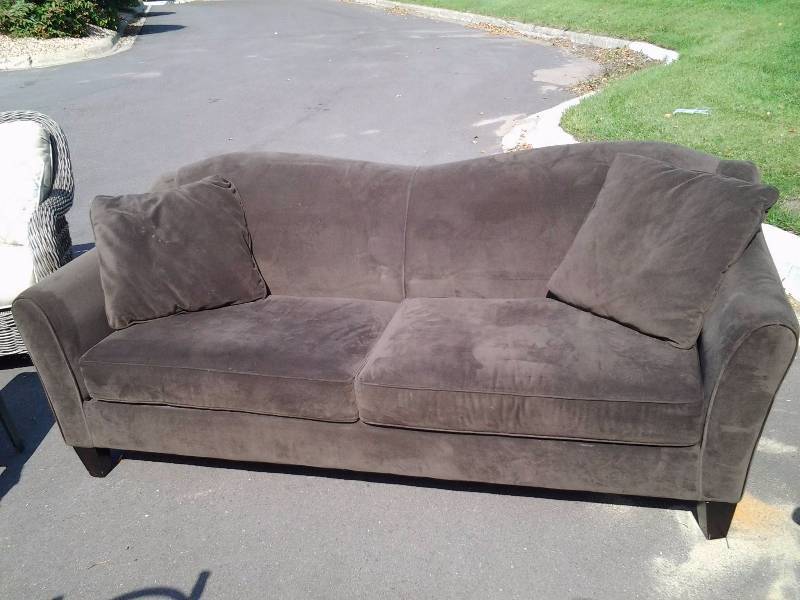 lot 9 image: 84 Inch Chocolate Brown Micro Fiber Sofa With Wooden Legs-Made In America (In Very Nice Condition)