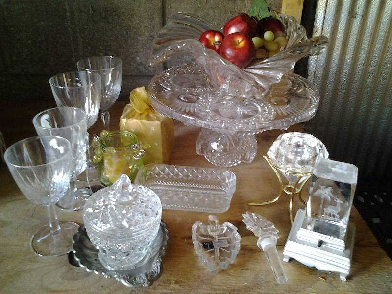lot 20 image: Crystal Cake Stand, Fancy Bowl, Goblets, Candle Holders