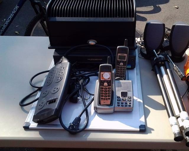 lot 35 image: Computer Speakers, Letter Organizer, Telephone, Multi Plug, White Board,  Tri Pod