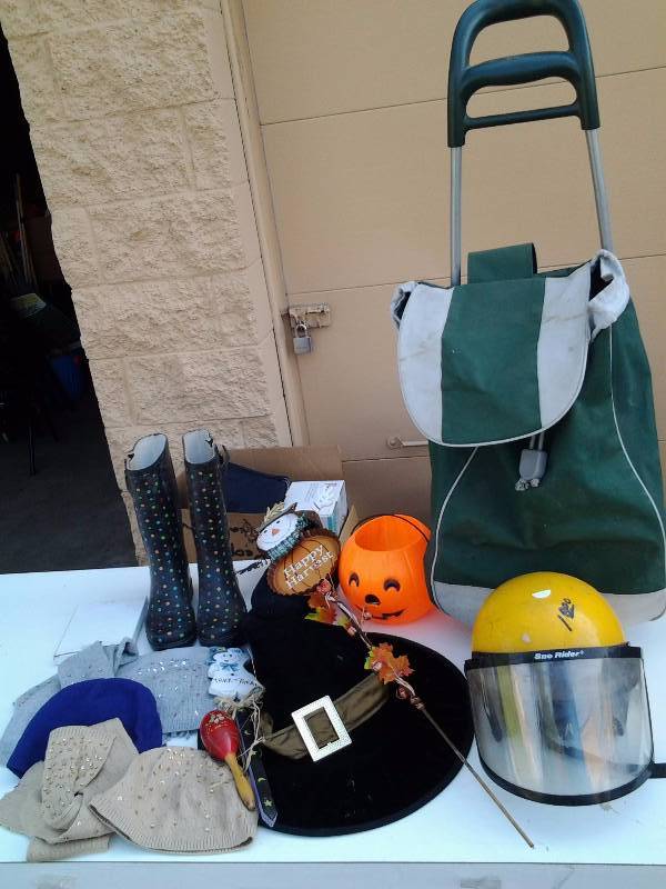 lot 40 image: Rolling Shopping Bag, Vintage Helmet, Rubber Boots Ladies Size 7, Assorted Winter Hats, Witch Hat & Other Seasonal