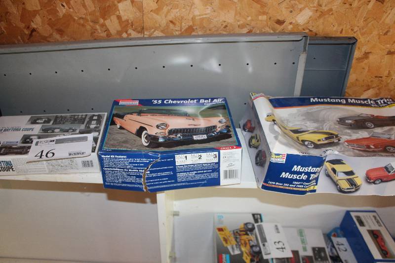 lot 46 image: Lot of (3) 124125 Scale Plastic Model Kits Includes High Tech Daytona Cobra Coupe, Revell 1955 Chevrolet Bel Air Convertible, Monogram Mustang Trio 60s, 70s, 80s