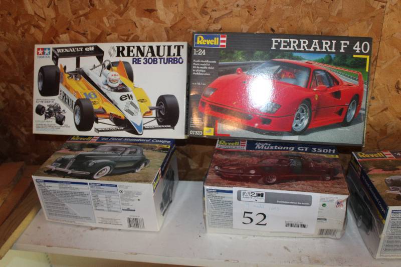 lot 52 image: Lot of (4) 125 Scale Plastic Model Kits Includes Renault RE 30B Turbo, Revell Ferrari F40, Revell Mustang GT 350H, Revell 1940 Ford Standard Coupe
