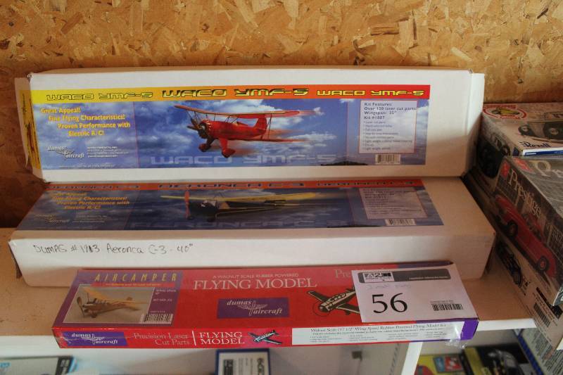lot 56 image: Lot of (3) Electric Radio Control Airplane Kits Includes Dumas Aircraft Waco YMF-5, Aeronca C-3, Air Camper