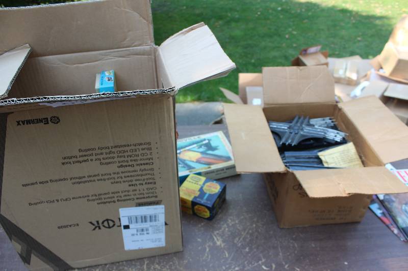 lot 67 image: Lot of (2) Boxes of HO Scale Model Train Equipment Includes Track, Crossing, Scenery Kits, Shell Gas Station, Cross-Over Bridge, Aurora Speed Control