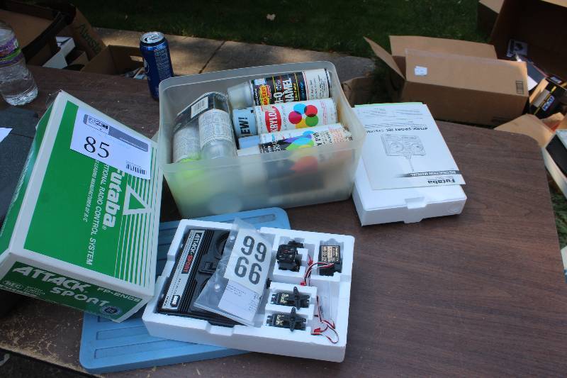 lot 85 image: Misc Radio Control EquipmentSupplies Includes Paints, Futaba Controller w Instructions, Box