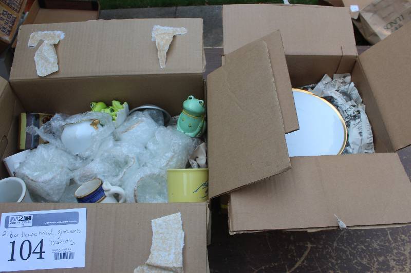 lot 104 image: Lot of (2) Boxes of Household Includes Frog Dcor, Mugs, Rogers Martini Hand Painted Bavarian China