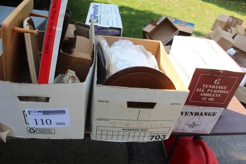 lot 110 image: Lot of (4) Boxes of Kitchenware Includes Serving Trays, Water Goblets, Lids, And More