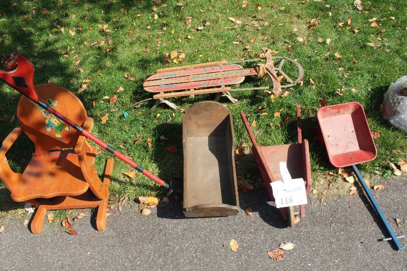 lot 118 image: Lot of (6) Kids Yard Toys Includes Sled, Wheelbarrow, Chair, Pull Wagon, And More