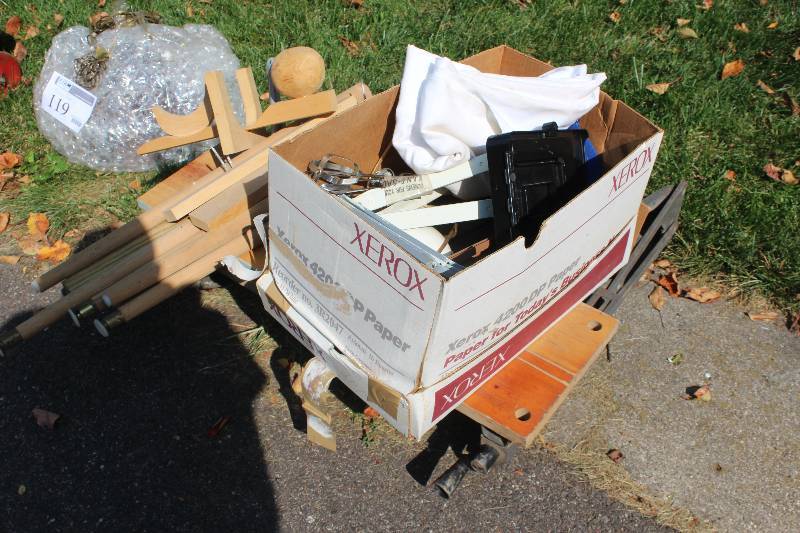 lot 120 image: Work Table, Wood Table Legs, Banister Piece, Hand Mixer, Shelf Brackets, And More