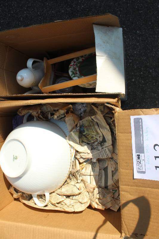 lot 113 image: Lot of (2) Boxes of Kitchenware Includes China Pitcher, Bowls, Paper Plates, And More