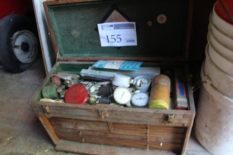 lot 155 image: Tool Box w Hand Tools - Drills, Gauges, Rulers, Hardware