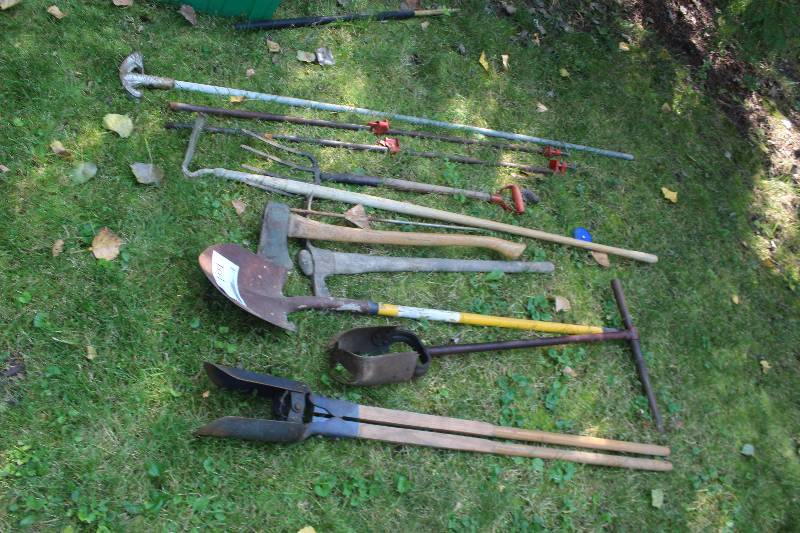 lot 161 image: Yard Tools Including Pole Digger, Spade, Axe, Pitch Fork, And More