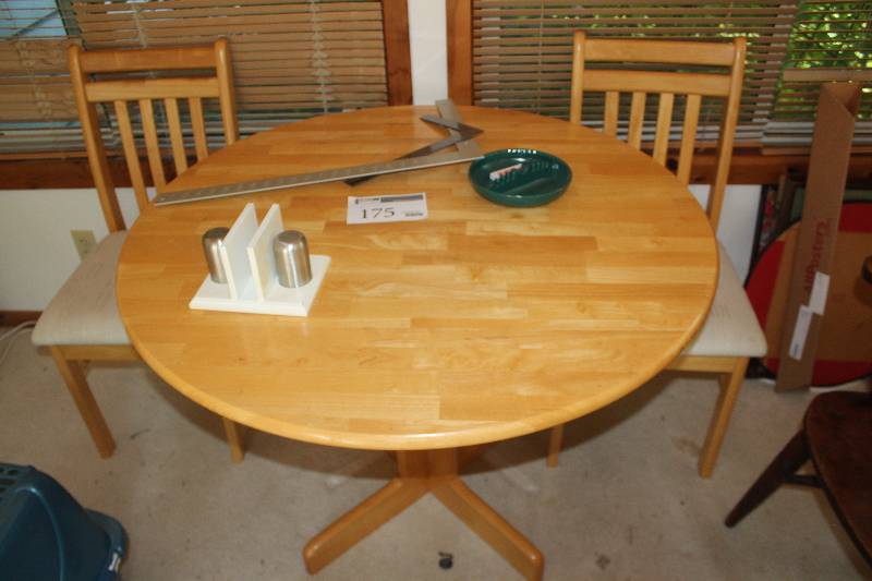 lot 175 image: Round Wood Dining Table, 2-Wood Padded Seat Dining Chairs