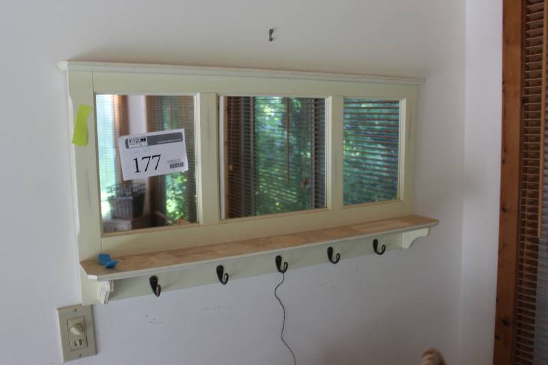 lot 177 image: 3-Mirror Pane White Wood Shelf w Hooks