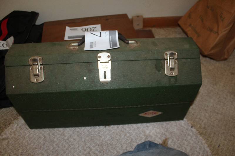 lot 207 image: Tool Box w Misc Tools Including Wrenches, Sockets, Screwdrivers, And More